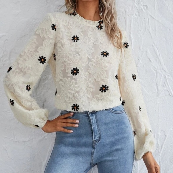 Tops - Boho fuzzy floral embroidered frill neckline long sleeve blouse